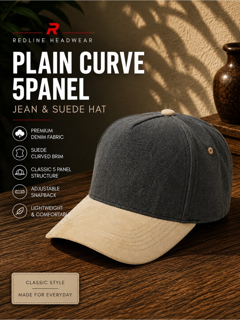 Plain Curve 5-Panel Jean & Suede Hat - Charcoal & Tan
